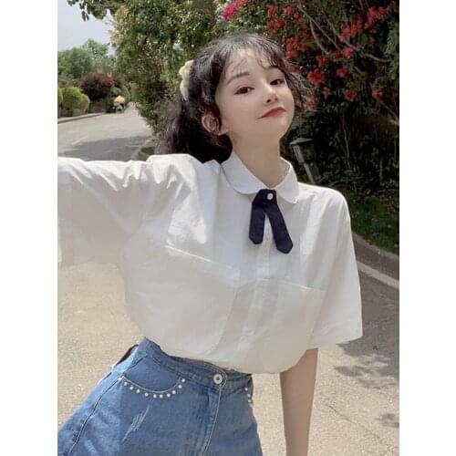 Shirt Spring New Small Fresh White Shirt Womens Short-sleeved Loose Shirt Hong Kong Style Design Niche Tops