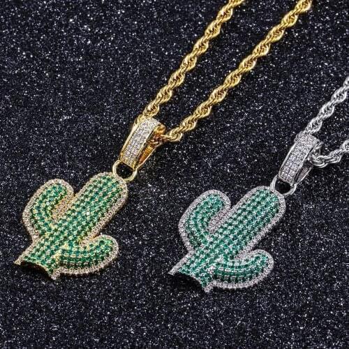 VAOST AAA Green Zircon Stainless Steel Mens Fashion Necklace Iced Out Cactus Pendant Necklaces Trendy Plant Hip Hop Jewelry