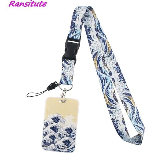 Ransitute R1645 Waves Painting Art Buckle Lanyard Credit Card ID Holder Badge Student Travel Bank Bus Business Card Cover Badge