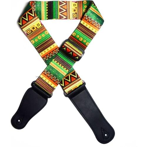 Bohemia Pattern Nylon Guitar Strap Belt with Leather End Adjustable Length 96cm to 153cm for Acoustic Electric Guitar and Bass