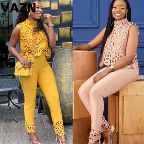 VAZN Pink Yellow Summer Vintage Casual High Street Lady Sexy 2020 Set sleeveless 2 Piece Sets Night Club Sets