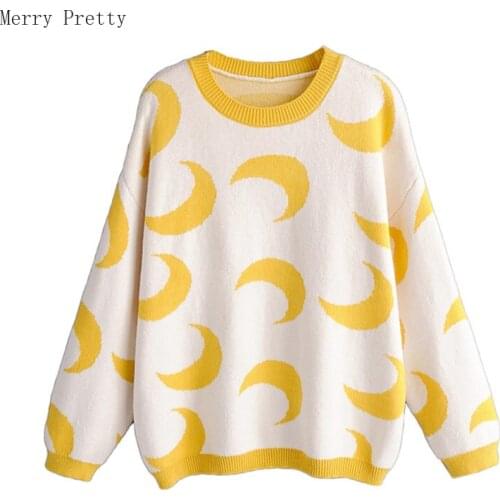 Merry Pretty Preppy Chic Moon Printed Sweaters Women Sweet O-neck Knitted Pullovers Elasticity Loose Autumn Winter Warm Wear