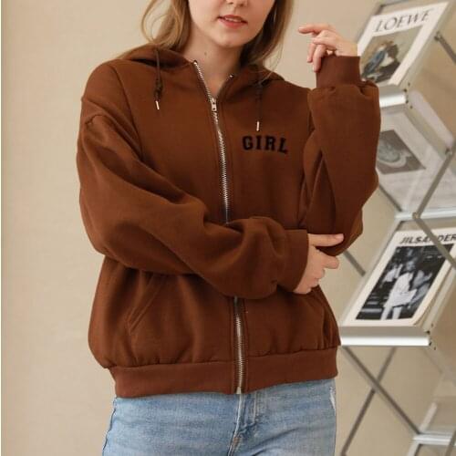 Girl Letter Harajuku Hoodie Zipper Hip Hop Chain Brown Long Sleeve Jacket Women Spring Cotton Sweatshirt Korean Warm Clothes