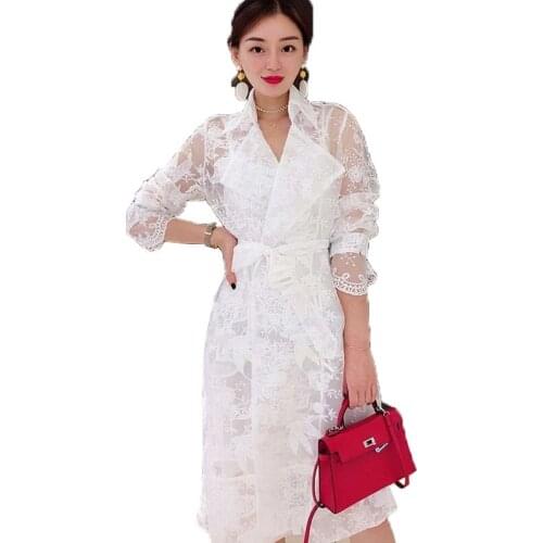 Spring Thin Womens Windbreaker Lace Long-Sleeved Hollow Trench Coat Autumn Sexy Long White Windbreaker Overcoat With Belt B