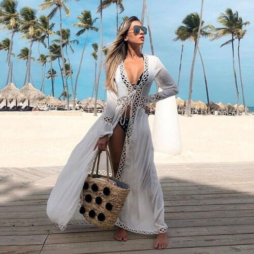 Crochet White Knitted Beach Cover up dress Tunic Long Pareos Bikinis Cover ups Swim Cover up Robe Plage Beachwear