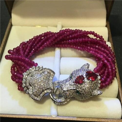 Handmade leopard head micro inlay zircon clasp purple stone multi-rows bracelet gift box packing