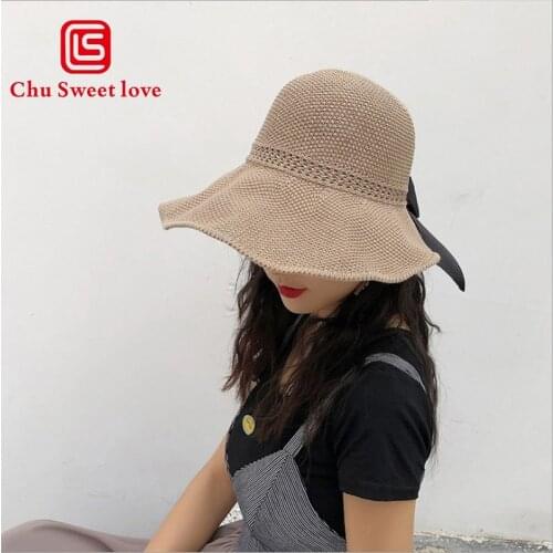Women Summer Visors Hat Foldable Bow Sun Hat Wide Large Brim Beach Hats Straw Hat Female Beach UV Protection Cap Sun Hats