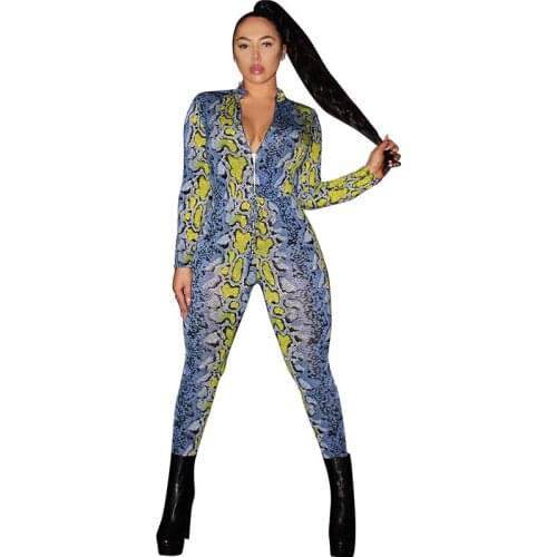 Women Colorful Snakeskin Printed Jumpsuit Sexy Deep V Neck Front Zipper Long Sleeve Romper Skinny Party Club Overalls Outfits