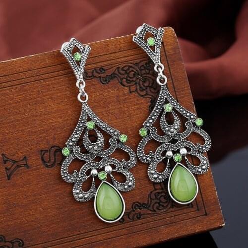 Women Vintage Rhinestone Colorful Opal Earrings Classic Ethnic Long Antique Silver Color Alloy Stud Earrings Boho Femme Jewelry
