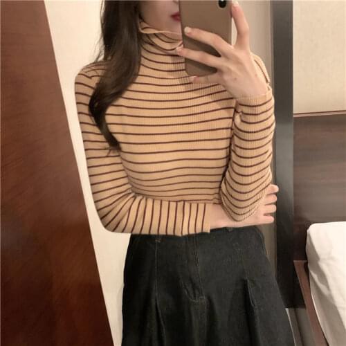 Woman Sweaters Chandails Turtleneck Sweater Womens Inner Wear Autumn Winter Western Style Striped Sweater Top