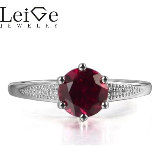 Leige Jewelry Lab Red Ruby July Birthstone Round Cut Prong Setting Engagement Carve Rings Romantic Gifts For Woman 925 Silver