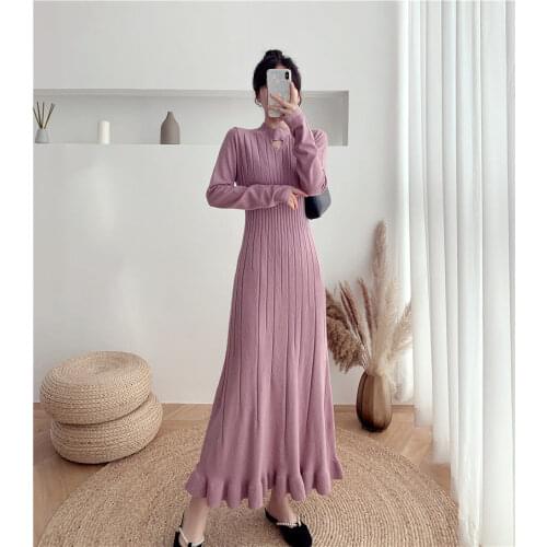 Autumn And Winter Super Long Knitted Dress Women 2020 New Slimming Sweater A-Line Fashion Ruffle Elegant Jumper Dresses y705