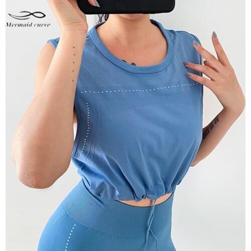 Mermaid Curve Yoga Vest Womens Sleeveless Drawstring Sexy Sports Crop Top Elasticity Quick-drying Seamless Running Fitness Vest