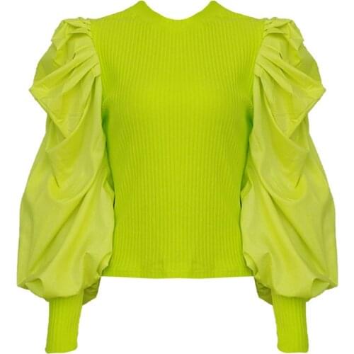 2020 Spring New Tops Lantern Sleeve Fashion Loose Sweater Women Tops Fashion Green Knit Sweater Women O-neck Sweater TG