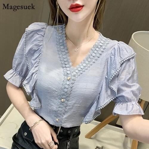 2021 Summer Elegant Chiffon Shirt Female Short Sleeve Loose V-neck Ruffled Woman Blouses Tops Korean Casual Shirts Blusas 14118