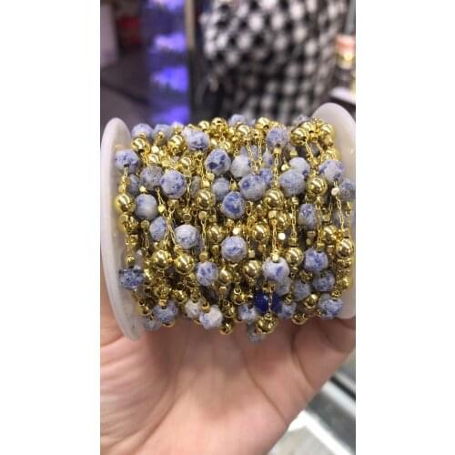 3M/packs Copper semiprecious stone jewelry making chain, purple stone gold plated flat gems beads connector findings