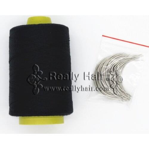 Free shipping 50pcs type C length 60mm hair weaving needles curved needles with 1 roll Black thread Cotton weaving thread
