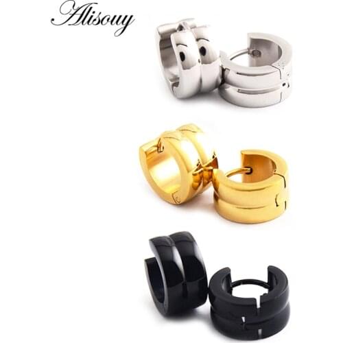 Alisouy 2pcs Black Gold Color Wide Hoop Earing stainless steel Circle Piercing Huggies earring set for women men Korean Jewelry