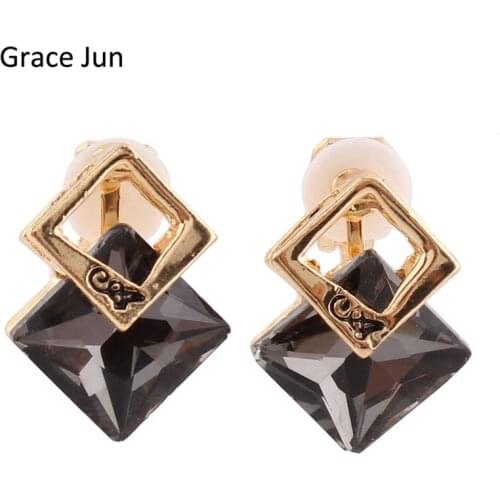 Grace Jun(TM) 2 Color Choose Bridal Big Crystal Double Square Clip on Earrings Without Piercing for Women Charm No Hole Ear Clip