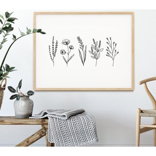 Black White Botanical Line Art Prints Minimalist Art Poster Modern Floral Artwork Wall Pictures for Kitchen Room Home Decoration