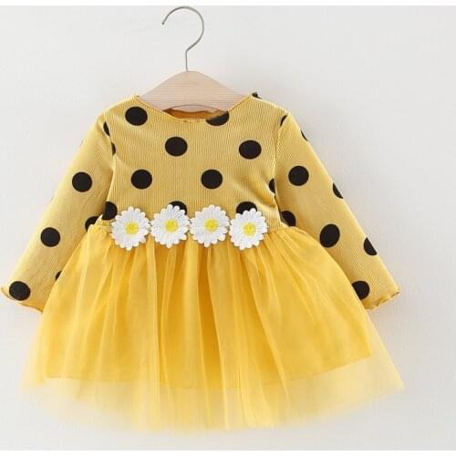 Baby Girl Long Sleeve Polka Dot Waist Daisy Flower Mesh Dress Costume
