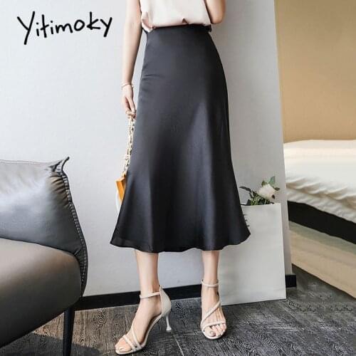 Yitimoky Satin Long Skirts for Women Black Solid Quality Midi Vintage Office Ladies Elegant Chic A-line Korean Fashion Clothing