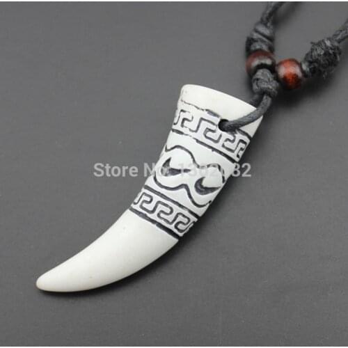 Cool faux bone Carved Elephant Tooth Design Lucky Pendant Amulet Necklace for men womens gift MN382