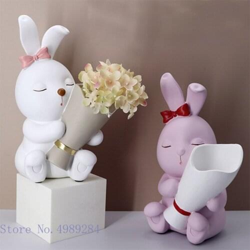 Creative resin rabbit cartoon animals Desktop storage flower arrangement Rabbit vase Handicraft decoration Home Decoration