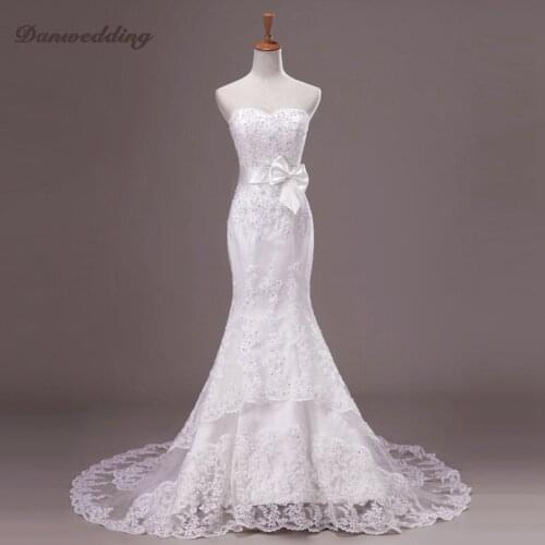 Junoesque Lace Applique Mermaid Wedding Dress Sweetheart-Neck Heavy Beaded Chapel Train Bridal Dress Bow Plus Size Real Photo