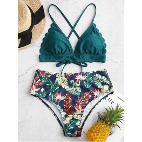 Green lace strappy swimsuit female split fashion sexy high waist printed bikini travel vacation beach suit swimming suit
