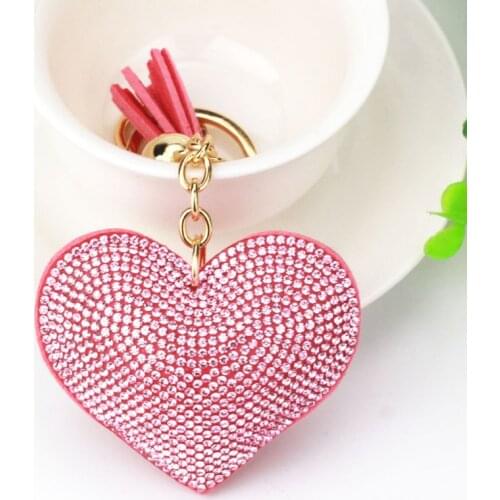 Fashion Love Heart Car Keychain For Women Girls Full Crystal Key Ring Holder Tassel Key Chains Pendant Charm Bag Decor