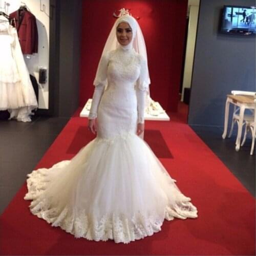 Muslim Wedding Dress Mermaid High Neck Long Sleeve Lace Beading Flowers 2021 New Design Bridal Dress Custom Made SH26