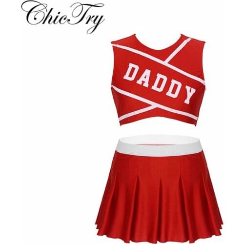 Women Adult Girls Charming Cheerleader Dance Outfits Cosplay Costume Round Neck Sleeveless Crop Top with Mini Pleated Skirt