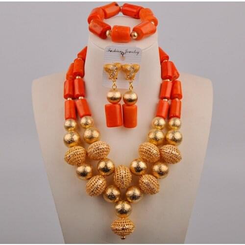 Orange Coral Handmade Necklace Coral Beads Bracelet Earrings Necklaces Set Nigeria Wedding African Bridal Jewelry Sets