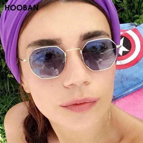 HOOBAN Retro Polygon Sunglasses Women Men Vintage Small Metal Sung Glasses Female Fashion Ocean Driving Eyeglasses