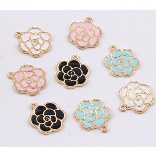 Daisies 100pcs 20*18mm Enamel Pink Blue Black White Rose Flower Shape Charm Pendants For Bracelet DIY Jewelry Making Findings