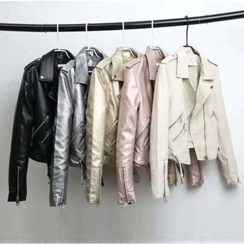Silver Leather Jacket Women 2020 Metallic Motorcycle Short Jackets Lapel Zipper Biker Coat Soft Ladies Punk Streetwear PU Loose