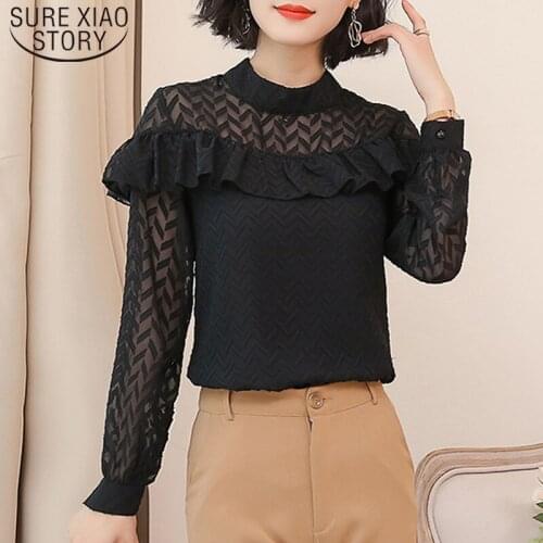 Spring Autumn 2021 New Korean Wave Shirt White Black Solid Chiffon Long Sleeve Women Blouses Hollow Floral Women Tops 6544 50