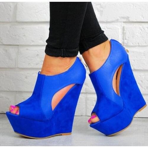 Moraima Snc Blue Suede Peep Toe Platform Wedge Sandals Sexy Cutouts Woman Shoes Super High Night Club Wearing High Heels