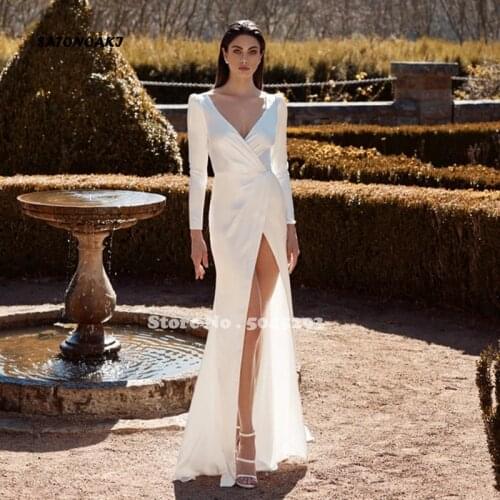 Vintage Long Sleeves Satin Wedding Dresses Mermaid Side Split V-Neck Simple Boho Mariage Gown Cheap Robe Mariée Vestido De Novia
