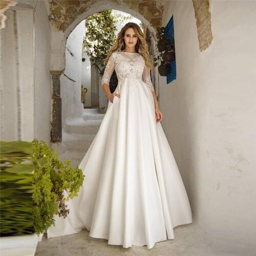 Quarter Lace Sleeves Women Wedding Dress Satin Pleated Buttons 2021 Modest Customized Bridal Gowns Spring Vestidos De Mariage