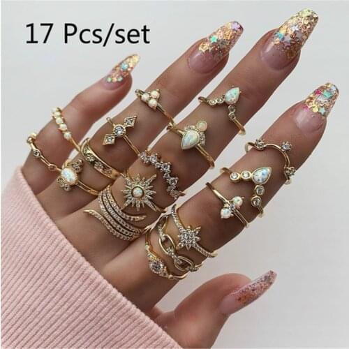 17 pcs/sets Bohemian Gold Rings Sun Badge Water Drop Shiny Crystal Stone Geometry Women Jewelry Anillos Mujer Wholesale 2021 Hot