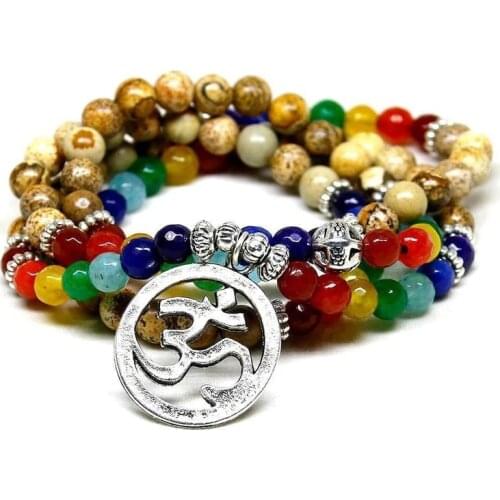 7 Chakra 108 Mala Natural Stone Beads Om Charm Bracelet for prayer & mantra meditation