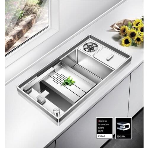 ASRAS-8043W 3D Surrounding Kitchen Sink with Glass Rinser 304 Stainless Steel Handmade Sink Set with Lifting Faucet