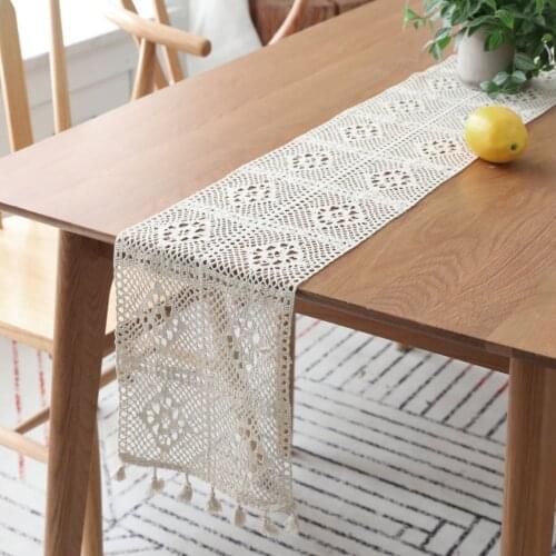 White Crochet Lace Table Runner with Tassel Cotton Wedding Decorations Hollow Romantic Handmade Table Cover for Home