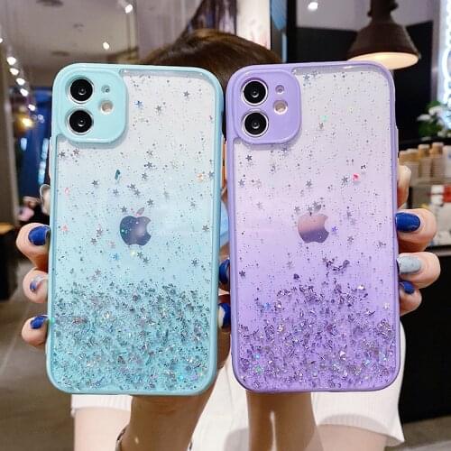 Glitter Foil Stars Phone Case For iPhone 11 12 Pro Max 7 8 Plus XR X XS SE Full Protector Camera Clear Gradient Bling Case Cover