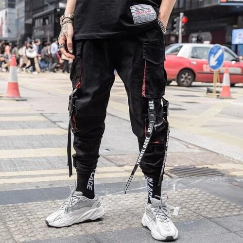 Streetwear Ribbons Techwear Pants Joggers Cargo Pants for Men Casual Hip Hop Hit Color Pocket Male Trousers Sweatpants
