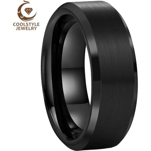 Men Women Wedding Band Black Tungsten Ring 8MM Matte Finish Beveled Brushed Comfort Fit