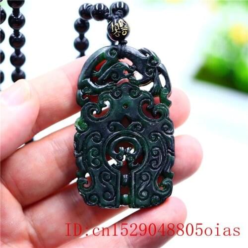 Black Green Jade Phoenix Pendant Chinese Double-sided Gifts Jewellery Fashion Natural Amulet Carved Charm Necklace