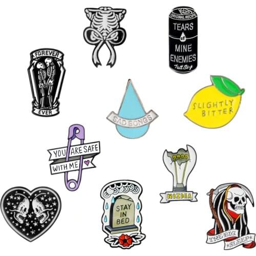 Enamel Pins Badges Cans Bulb Paper clip Lemon Tears Grim reaper Tombstone Coffin Ribcage Skull Brooch Pin for Women Men Kids